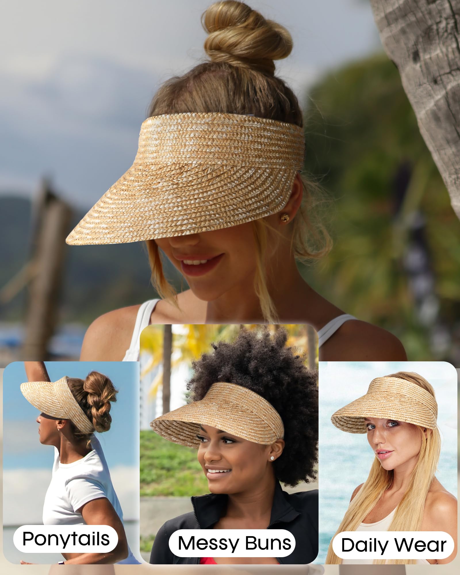 FURTALK Natural Straw Visors Sun Visor Hats for Womens Summer Straw Sun Beach Hat Foldable Roll Up Ponytail Beach Hat