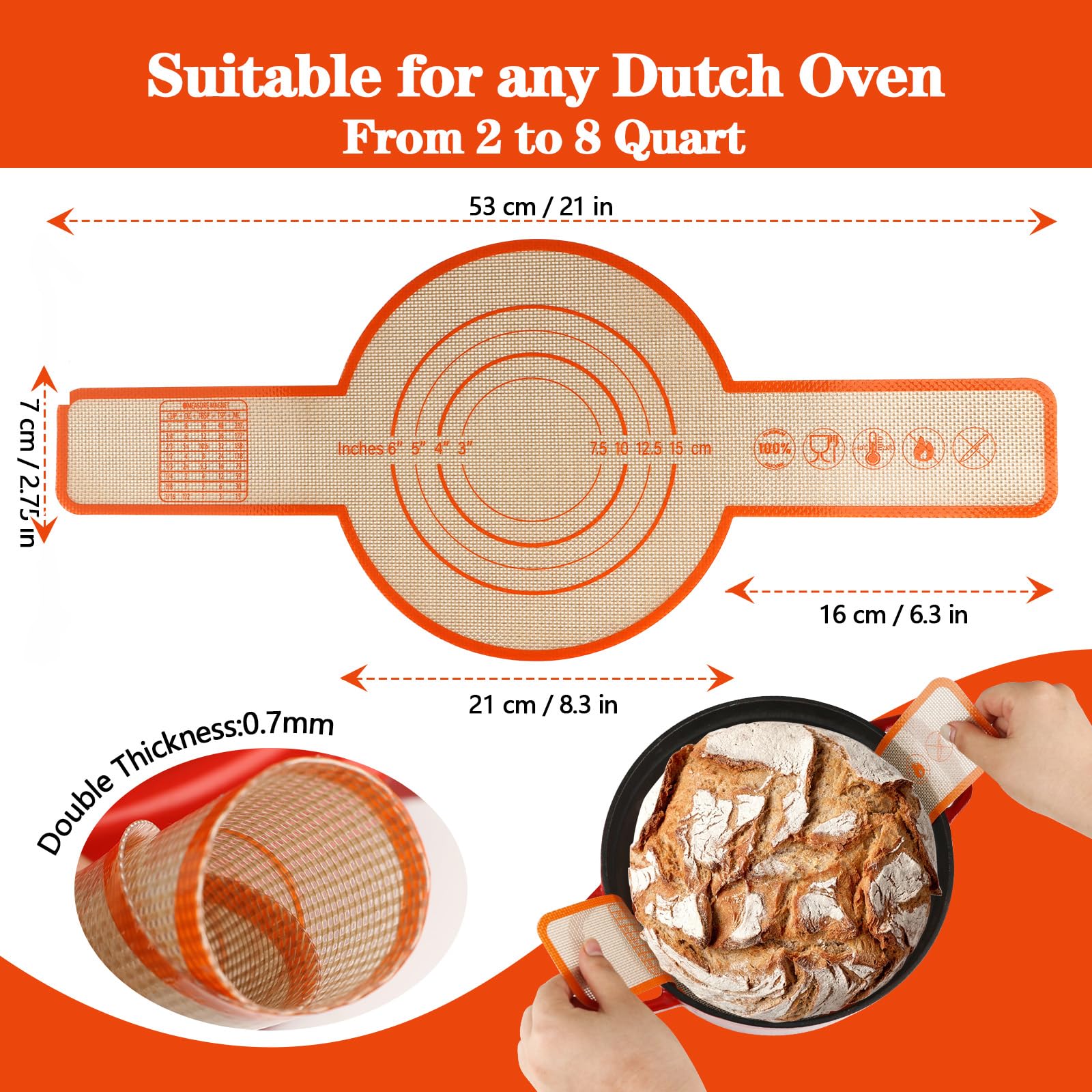 UBeesize Thickened Silicone Bread Sling, Reusable Sourdough Bread Baking Mat For Dutch Oven 2-8 Qrt, Non-Stick, Easy To Clean, With Extra Long Handles Bread Baking Sheet Liner