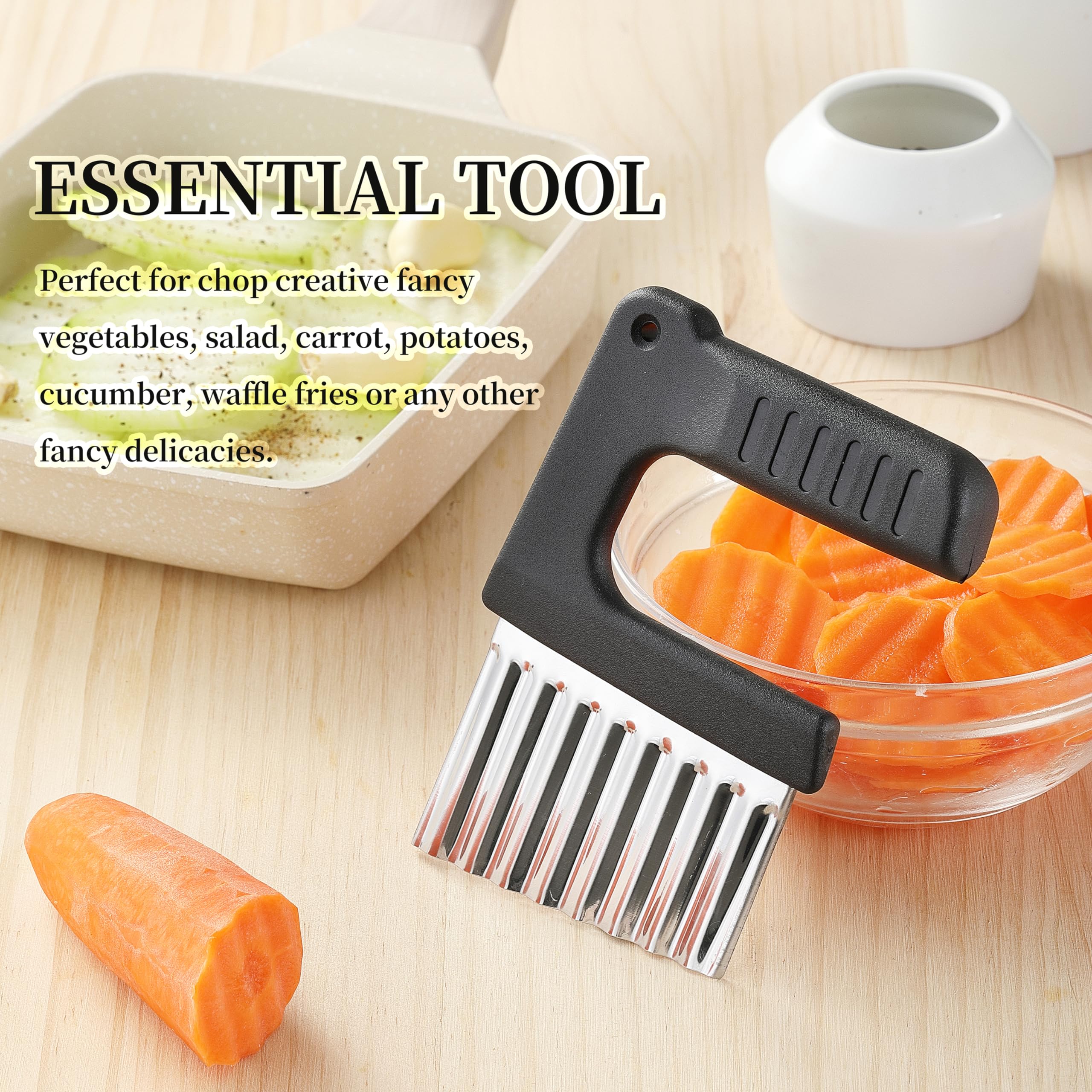 Crinkle Cutter for Veggies, JJOO Stainless Steel Crinkle Cut Knife for Potato Cucumber Carrot Fruit, French Fry Potato Slicer (Black, Dishwasher Safe)