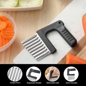 Crinkle Cutter for Veggies, JJOO Stainless Steel Crinkle Cut Knife for Potato Cucumber Carrot Fruit, French Fry Potato Slicer (Black, Dishwasher Safe)