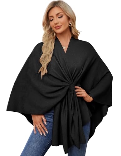 PULI Women's Elegant Shawl Wraps Soft Open Front Poncho Sweater for Spring Fall Winter Black