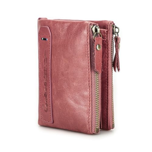 Contacts Soft Leather Wallet for Women Small Bifold Coin Purse Double Zipper Card Holder with RFID Blocking (Rose Tan)