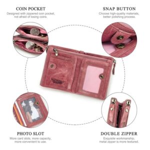 Contacts Soft Leather Wallet for Women Small Bifold Coin Purse Double Zipper Card Holder with RFID Blocking (Rose Tan)