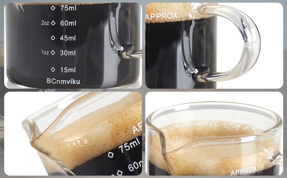 BCnmviku 2 PACK Espresso Glass Measuring Cup Triple Pitcher Milk Cup 75ML Espresso Cups with Handle Espresso Shot Glass with V-Shaped Mouth Clear Glass Espresso Accessories Milk Frothing Pitcher