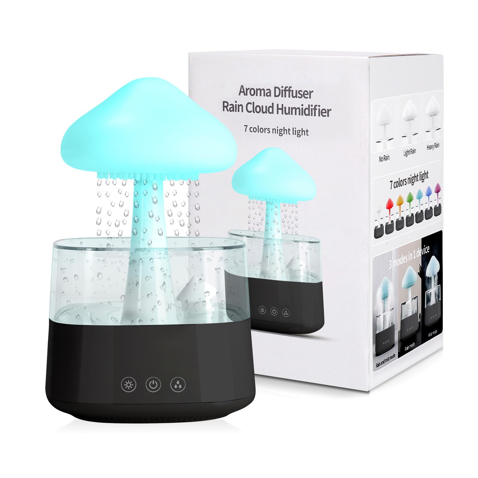 Cloud Rain Humidifier for Bedroom Water Drip Diffuser, Mushroom Diffuser, 450ml Cloud Humidifier Rain Drop,Cloud Diffuser with 7 Colors, Rain Sounds for Sleeping (08 Black)