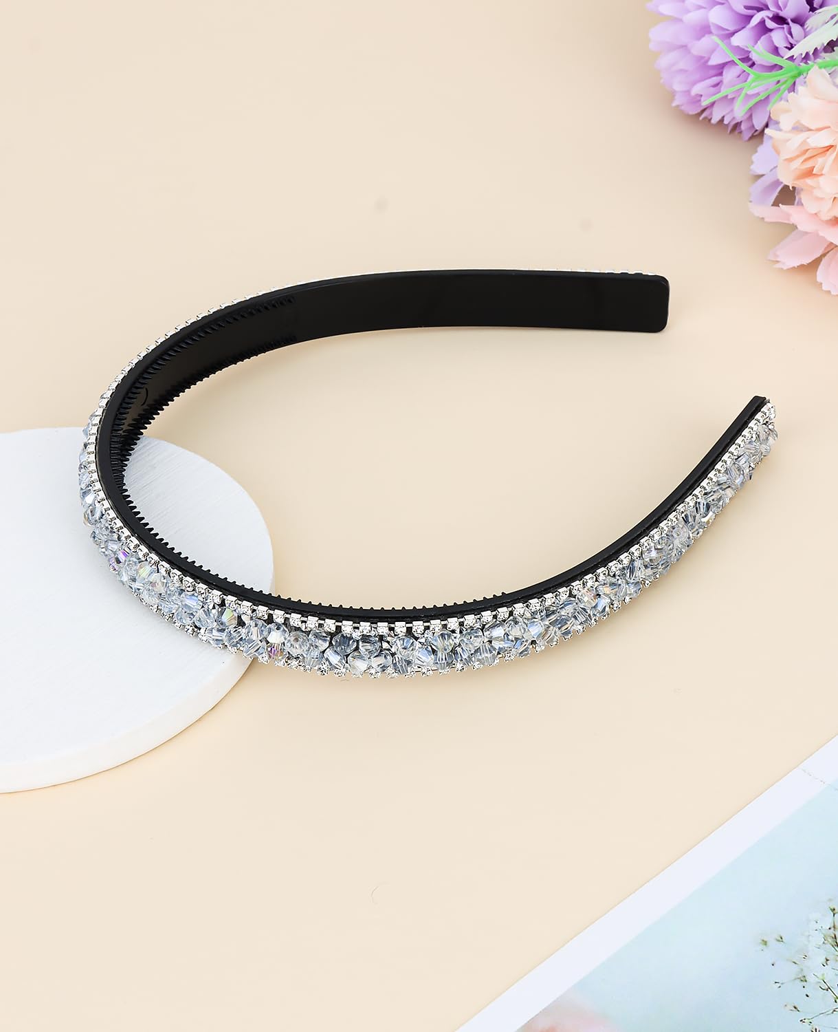 Wecoe Rhinestone Headband Women Silver Grey Comb Headband with Teeth Bling Sparkly Beaded Headband Non Slip Fashion Hair Band Birthday Holiday Homecoming Hair Accessories For Women Girls Gifts