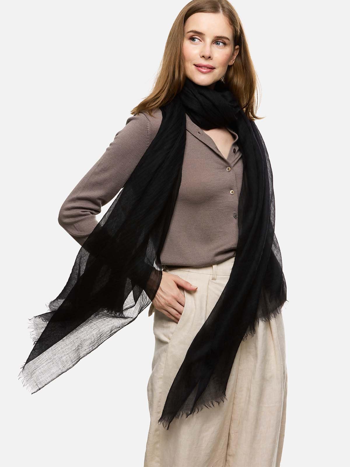 Ovcio Featherlight Black Cashmere Scarf - 100% Pure Cashmere Wrap Scarf for Women (87x39) with Gift Box