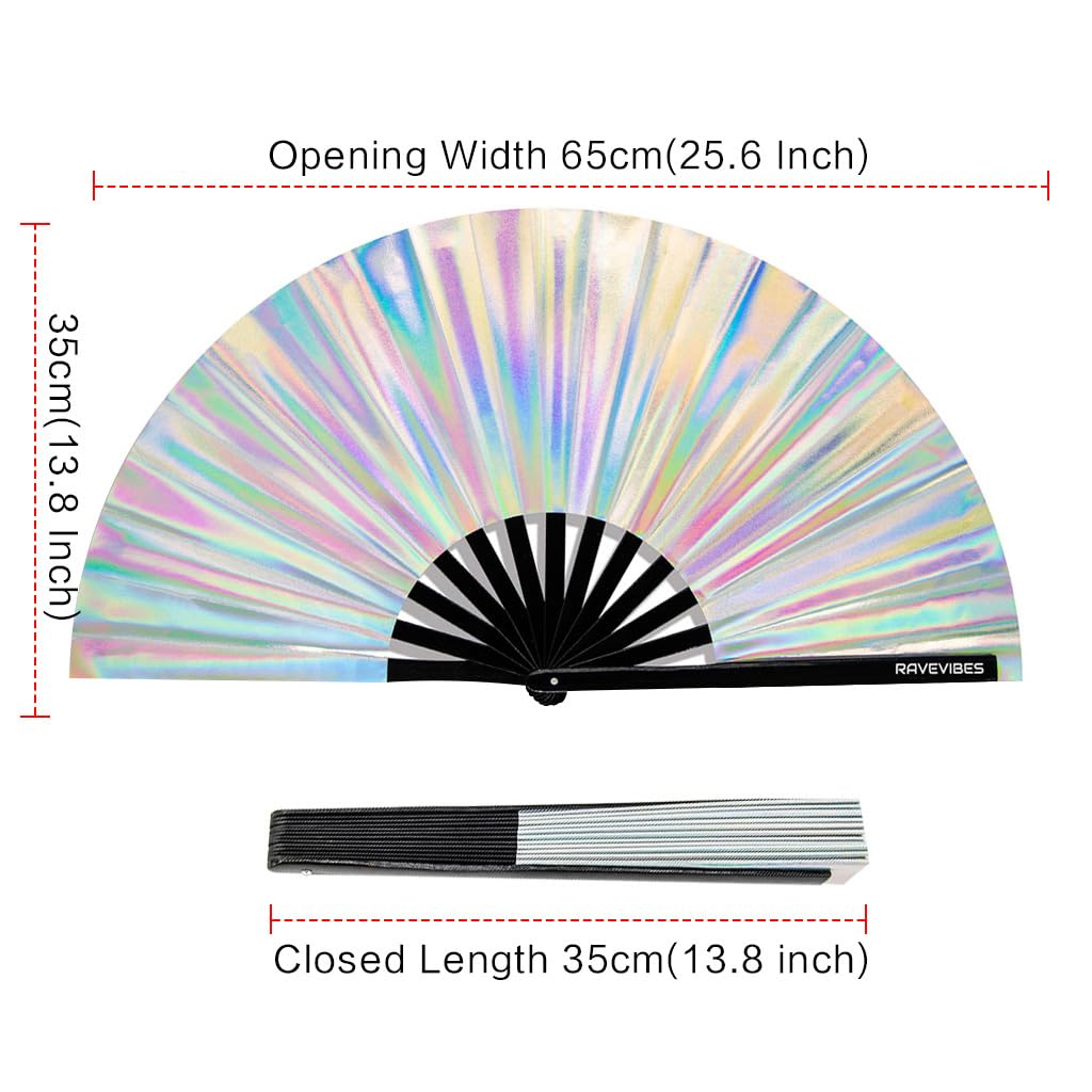 Ravevibes 13" Large Glitter Holographic Rave Hand Fan, Folding Lridescent Festival Edm Clack Fan Foldable for Rave Outfits Accessories Festival, Club, Party, Dance for Men Women, Holographic White