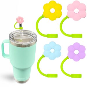 luolao 4pcs cute flower straw covers cap for yeti straw tumbler, cup accessories including 4 colors silicone straw toppers, reusable straw lids