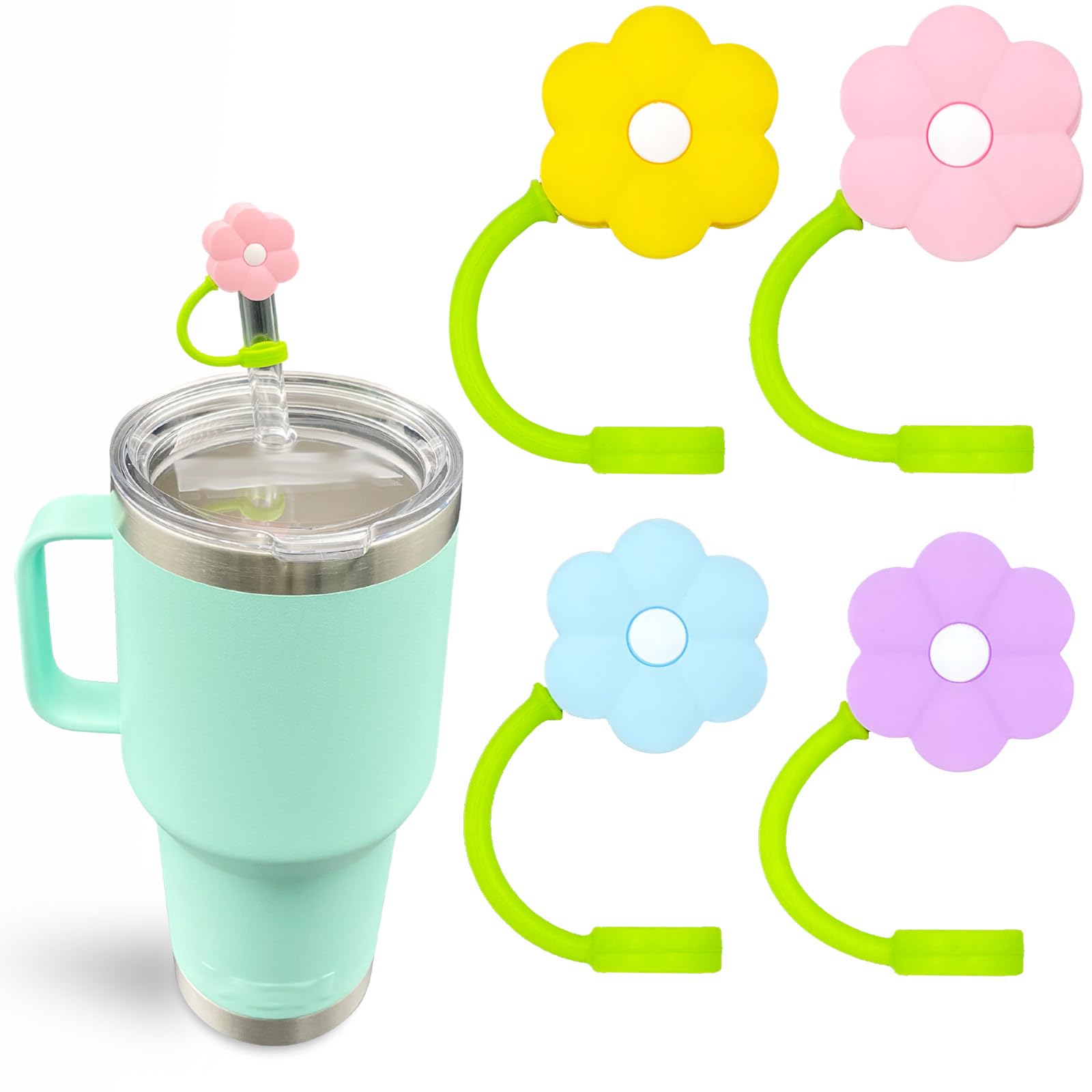 LUOLAO 4PCS Cute Flower Straw Covers Cap for YETI Straw tumbler, Cup Accessories Including 4 Colors Silicone Straw toppers, Reusable Straw Lids