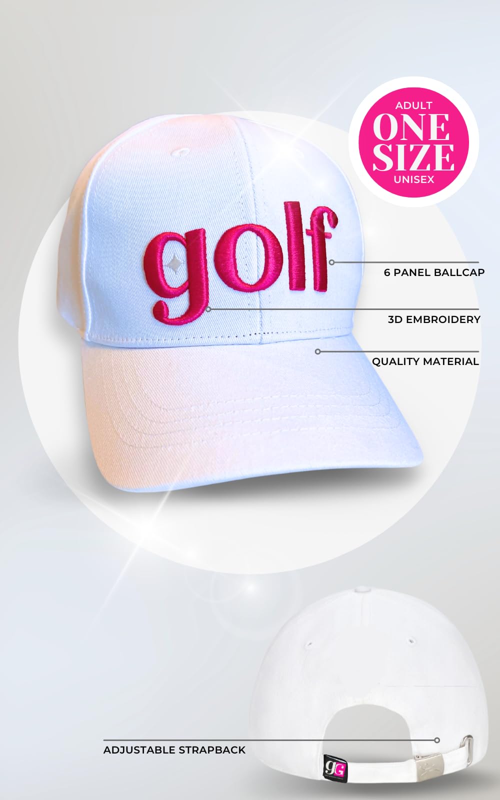 Women's Golf Hat White Ballcap with Pink Accent - Trendy Apparel for Woman, Adjustable Ball Cap, Women, Ladies Cute Golf Gear Apparel Caps - One Size Fits All Unisex