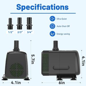 Knifel Submersible Pump 880GPH (3500 L/H 60W) with AUTO-Shut-Off 10ft High Lift for Fountains, Hydroponics, Ponds, Aquariums & More