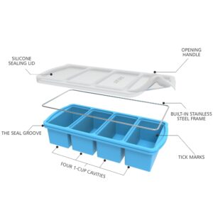 ZIP STANDING Silicone Freezer Trays with Lid,1-cup Soup Freezer Container large Ice Cube Molds with Reinforced Steel Ring Top for freezing Soup Sauce Broth Leftovers oven Dishwasher -Safe(2-Pack)