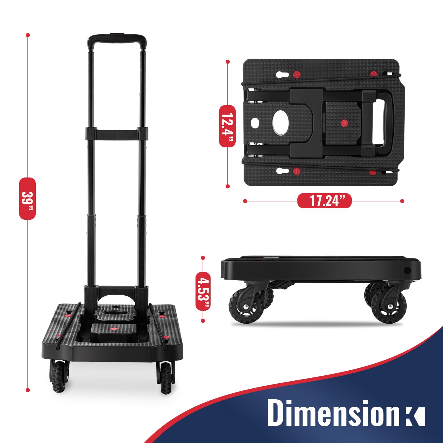 KOSTANZO Folding Hand Truck - Lightweight Dolly Cart with 4 Wheels & 2 Elastic Straps, Collapsible Luggage Cart with Adjustable Handle of 3 Levels for Traveling, Offices, Shopping (15.8" x 12.6")