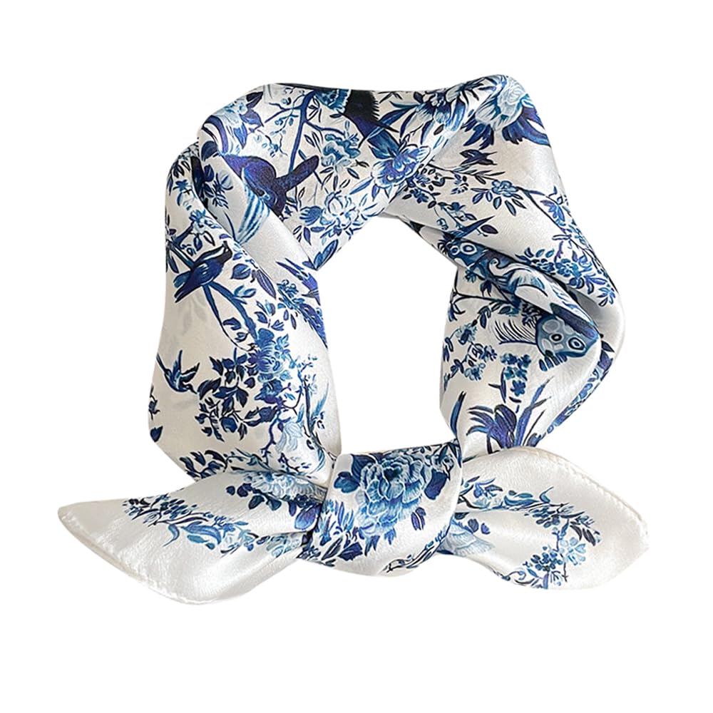 FEIBOON Mulberry Silk Scarfs Neck Scarf 21"x21" Small Square Scarfs hair scarf bandana for Women Gift Packed (White and blue flowers)