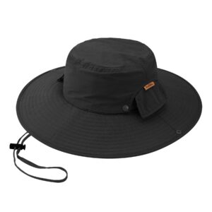 Sukeen Mens Sun Hat Wide Brim Breathable UPF50+ Waterproof Fishing Hat Removable Hat Top Boonie Hat for Hiking Garden Safari Black