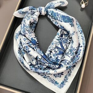 FEIBOON Mulberry Silk Scarfs Neck Scarf 21"x21" Small Square Scarfs hair scarf bandana for Women Gift Packed (White and blue flowers)