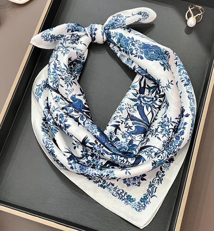 FEIBOON Mulberry Silk Scarfs Neck Scarf 21"x21" Small Square Scarfs hair scarf bandana for Women Gift Packed (White and blue flowers)