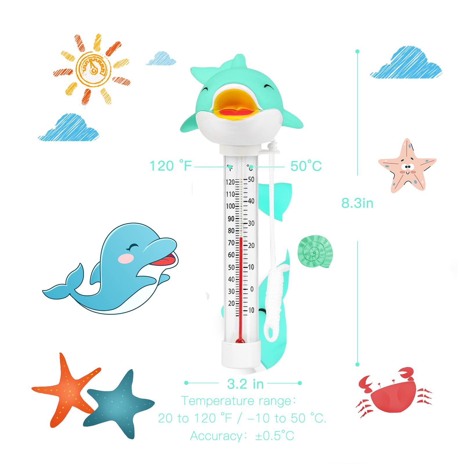 XY-WQ Floating Pool Thermometer, Large Size Easy Read for Water Temperature with String - Swimming Pool, Spas, Hot Tubs, Ponds (Dolphin3)