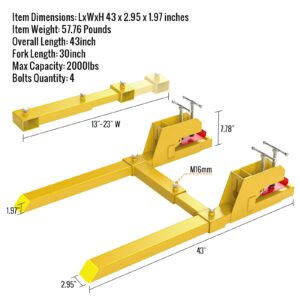 43" Clamp on Pallet Forks with Anti-Slip Tongue 2000LBS Yellow, Twin Screw Design, Adjustable Stabilizer Bar, Heavy Duty Pallet Forks for Tractor Bucket Loader