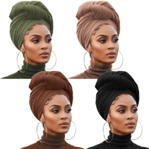 xtrend 4 pieces head wrap stretch knit african turban fashion headband solid color neck sleeve soft breathable head scarf for women (black, camel, army green, coffee)