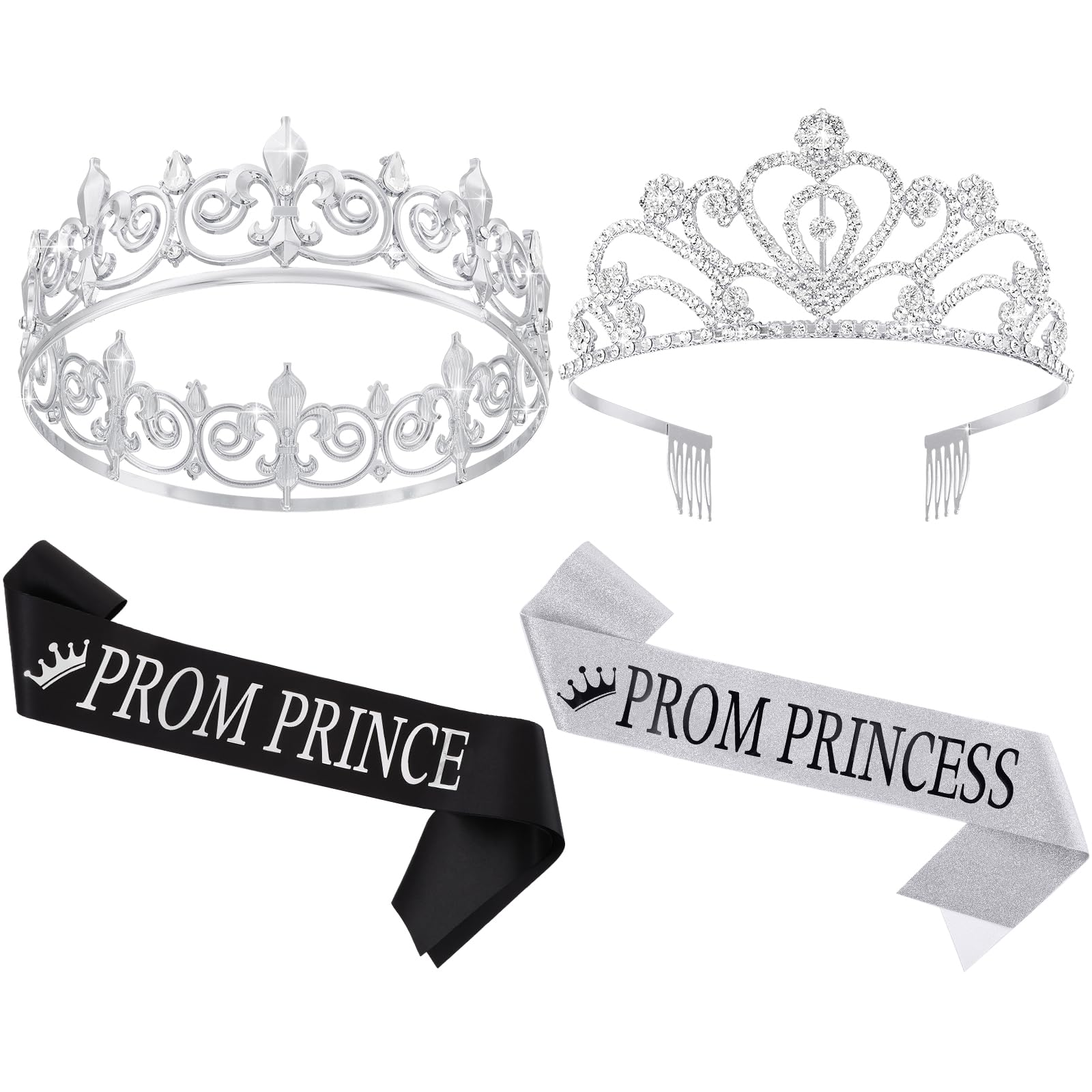 Saintrygo Prom Prince and Princess Crown Set with Sashes 80s Prom Party Favors for Halloween Cosplay 2024 Graduation(Nostalgic Style)