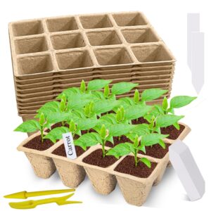 doubleggs 120 cells seed starter tray, 10 packs biodegradable peat pots for seedlings, organic germination plant starter kit with 100 labels and 2 transplant tools