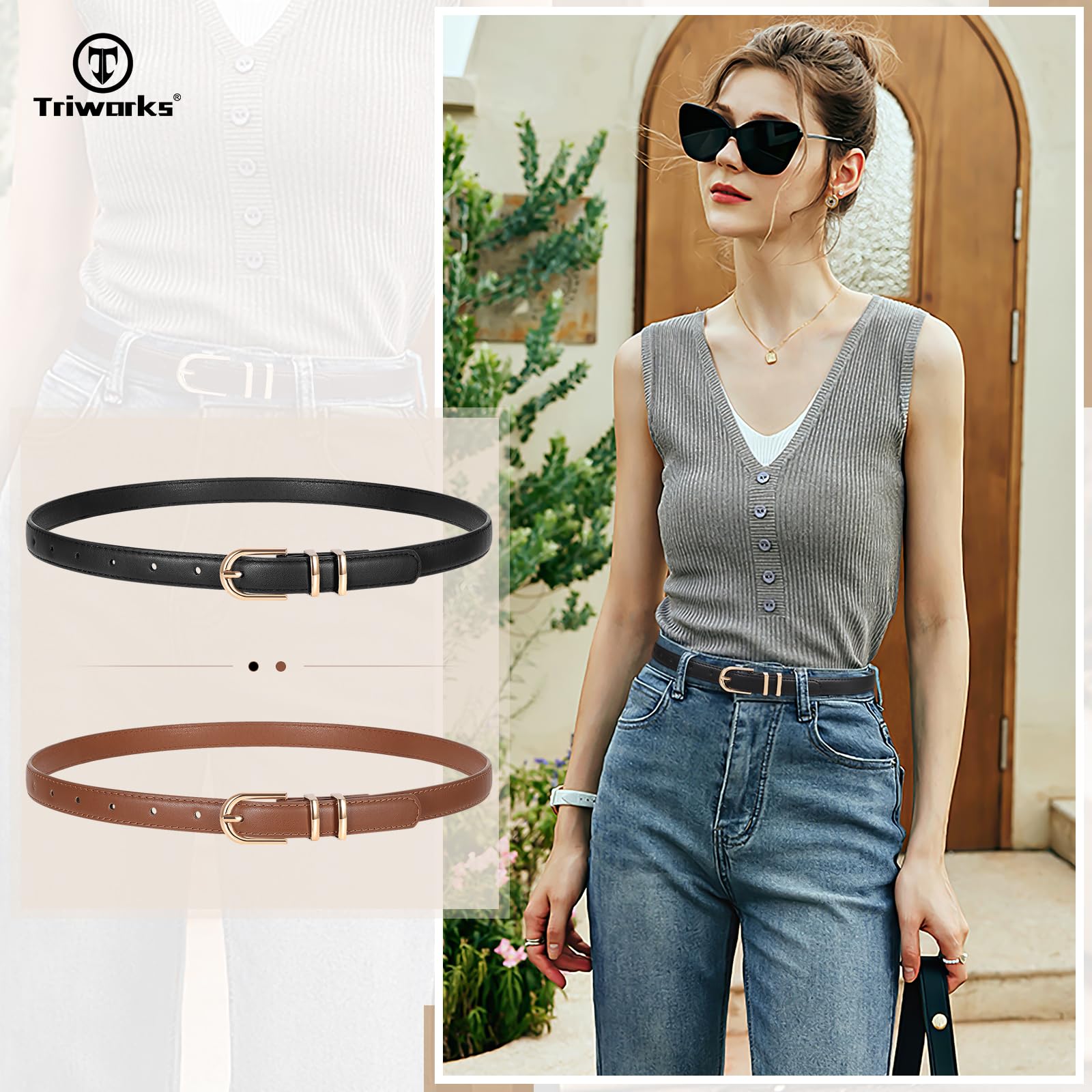 TRIWORKS 2 Pack Women Skinny Leather Belts for Jeans Pants Thin Faux Leather Belt with Gold Buckle