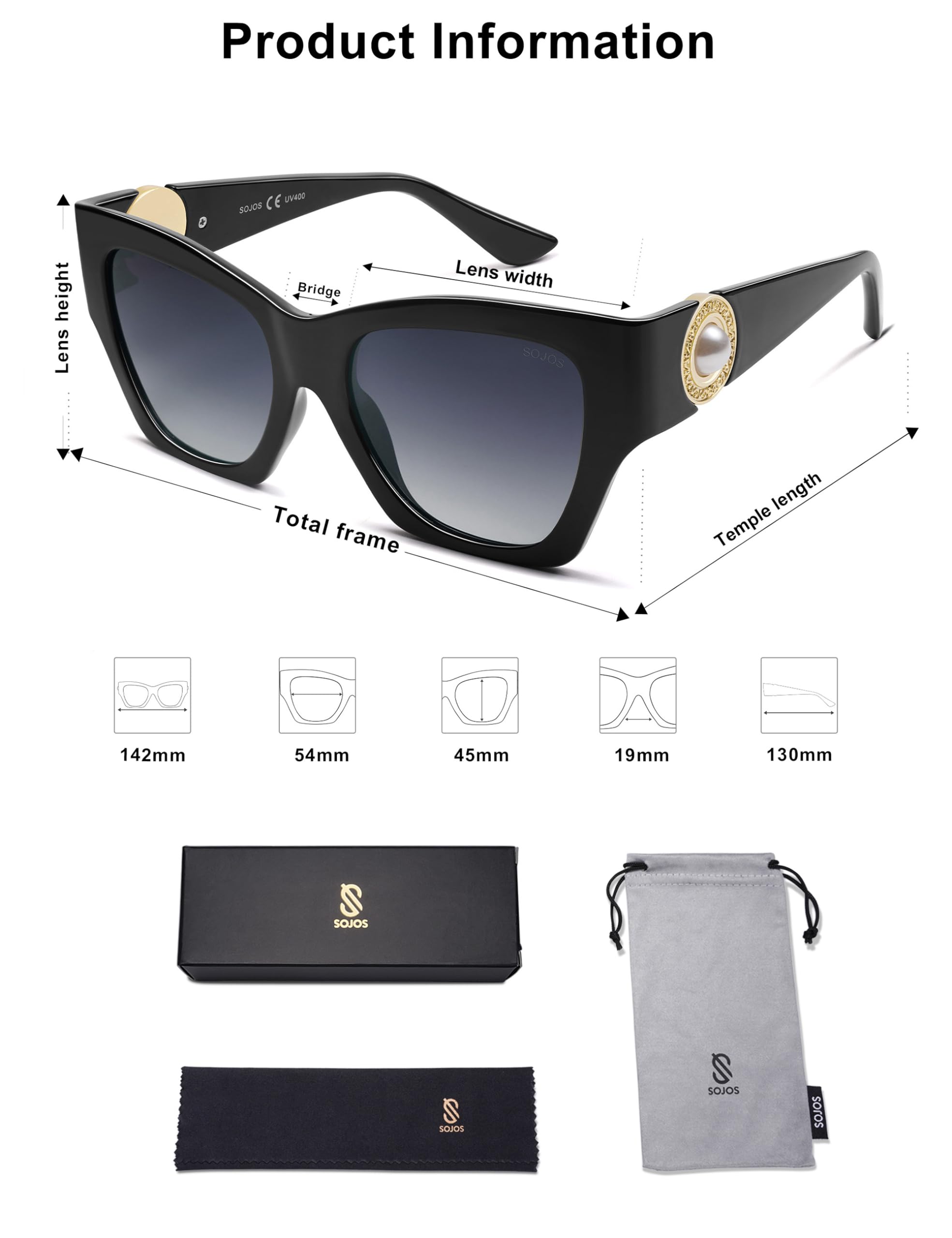 SOJOS Oversized Cat Eye Polarized Sunglasses for Women Retro Square Cateye Style Sunnies SJ2312, Black Frame/Grey Grading Lens