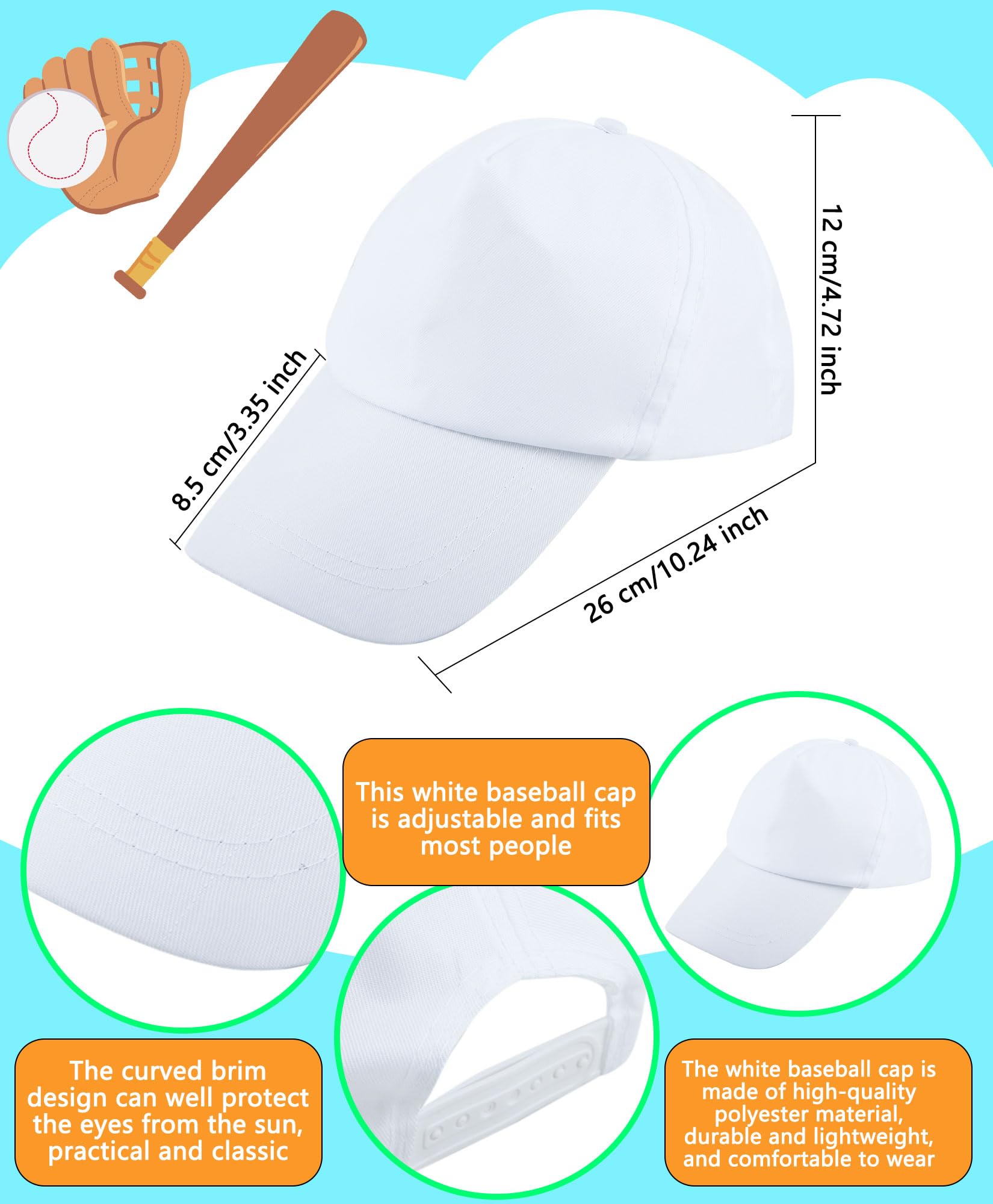 SGBETTER 40 Pcs White Baseball Hats DIY Painting Baseball Caps Adjustable Plain Blank Cap for Adult Kids Outdoor Sports Running Camp