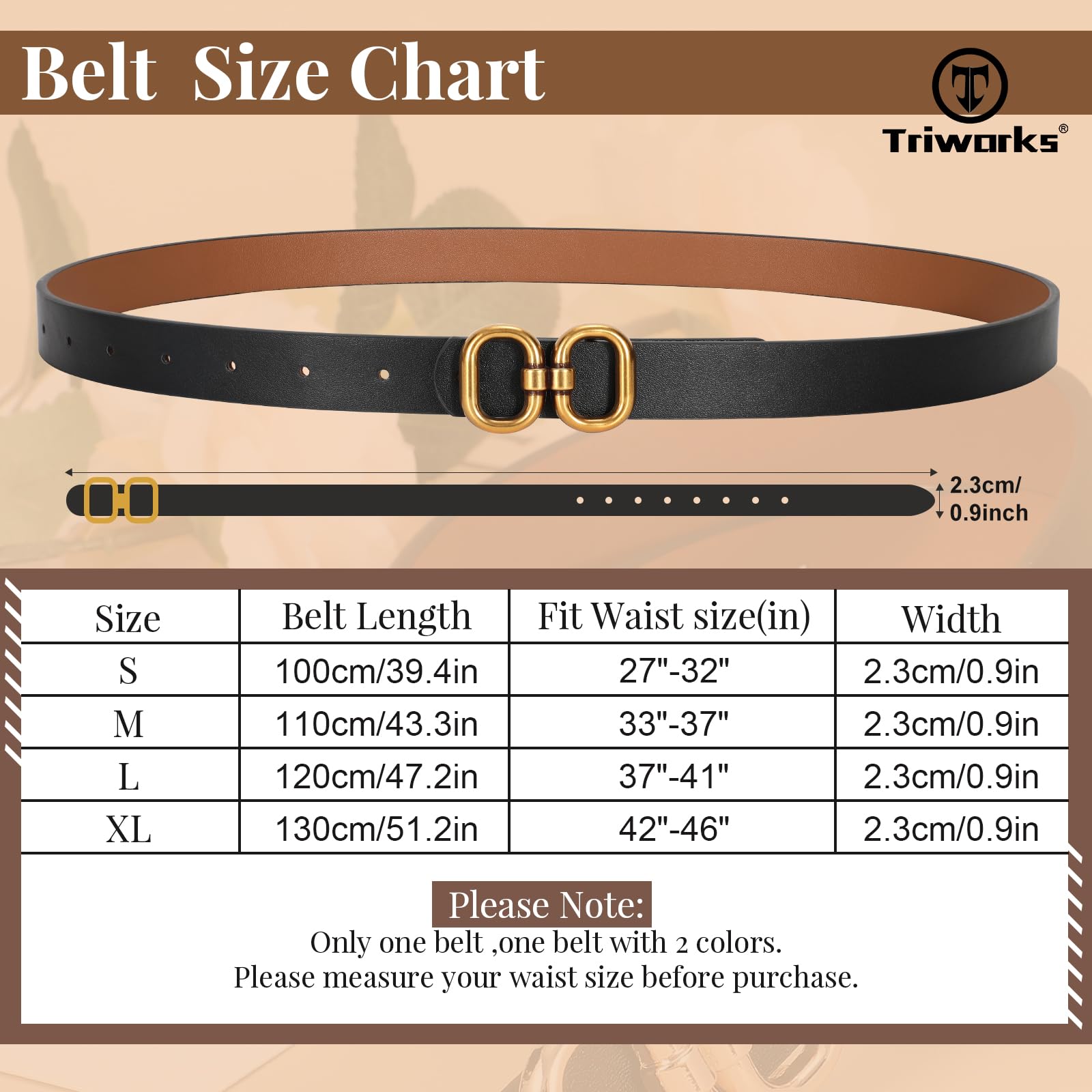 TRIWORKS Reversible Leather Belt for Women with Gold Buckle Ladies Leather Belt for Jeans Pants