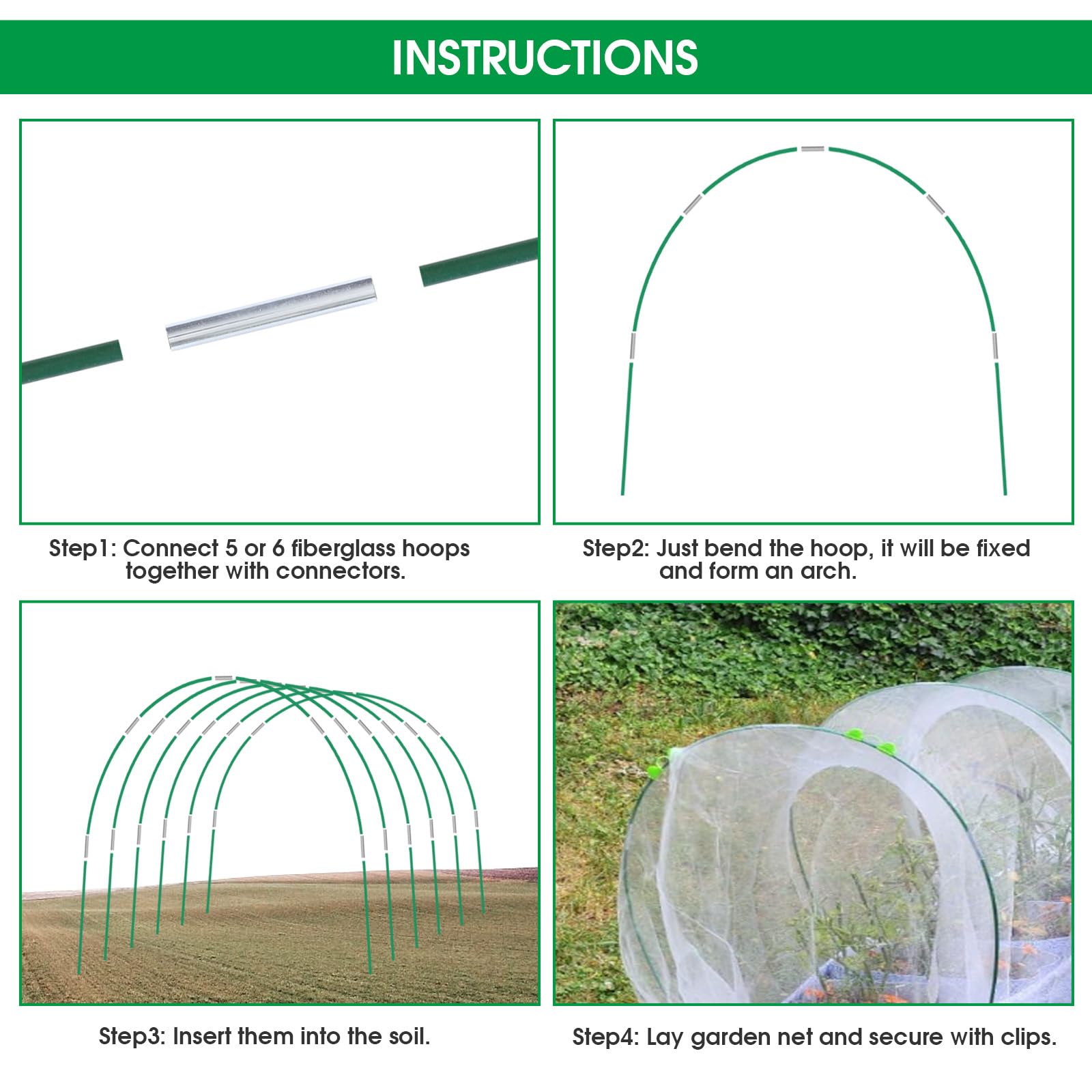 JCKHXG Garden Netting Kit, 10x30FT Ultra Fine Mesh Netting ＆6 Sets of 8FT Fiberglass Garden Hoops for Raised Beds, Vegetable Plants Fruits Flowers Birds Animals Barrier Protection Net