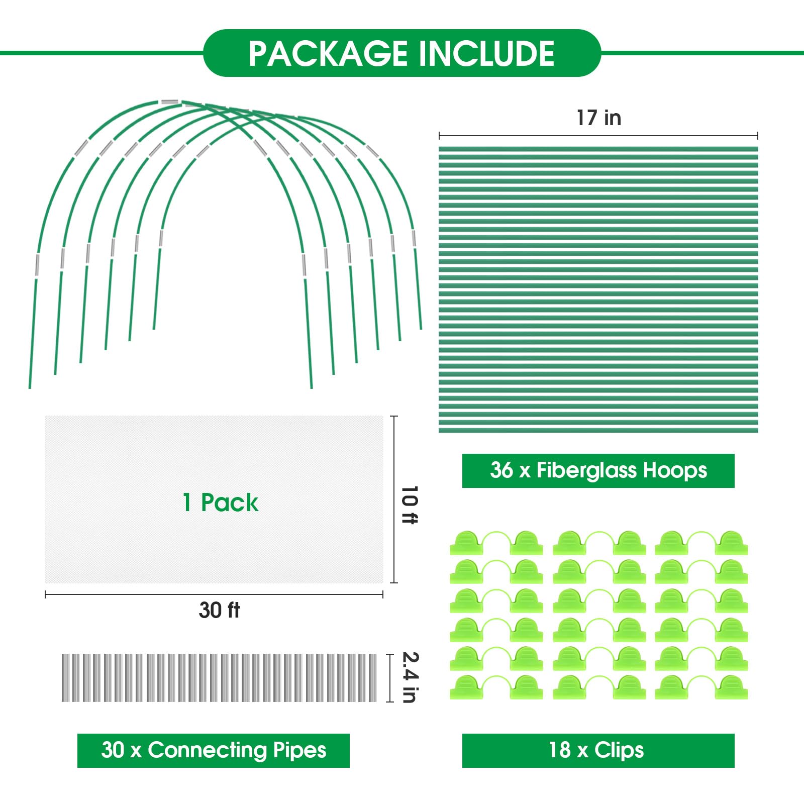 JCKHXG Garden Netting Kit, 10x30FT Ultra Fine Mesh Netting ＆6 Sets of 8FT Fiberglass Garden Hoops for Raised Beds, Vegetable Plants Fruits Flowers Birds Animals Barrier Protection Net