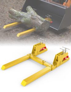 43" clamp on pallet forks with anti-slip tongue 2000lbs yellow, twin screw design, adjustable stabilizer bar, heavy duty pallet forks for tractor bucket loader