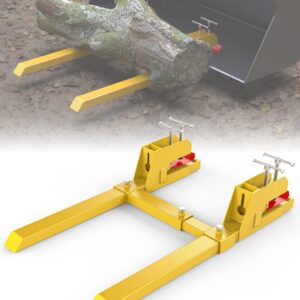 43" Clamp on Pallet Forks with Anti-Slip Tongue 2000LBS Yellow, Twin Screw Design, Adjustable Stabilizer Bar, Heavy Duty Pallet Forks for Tractor Bucket Loader