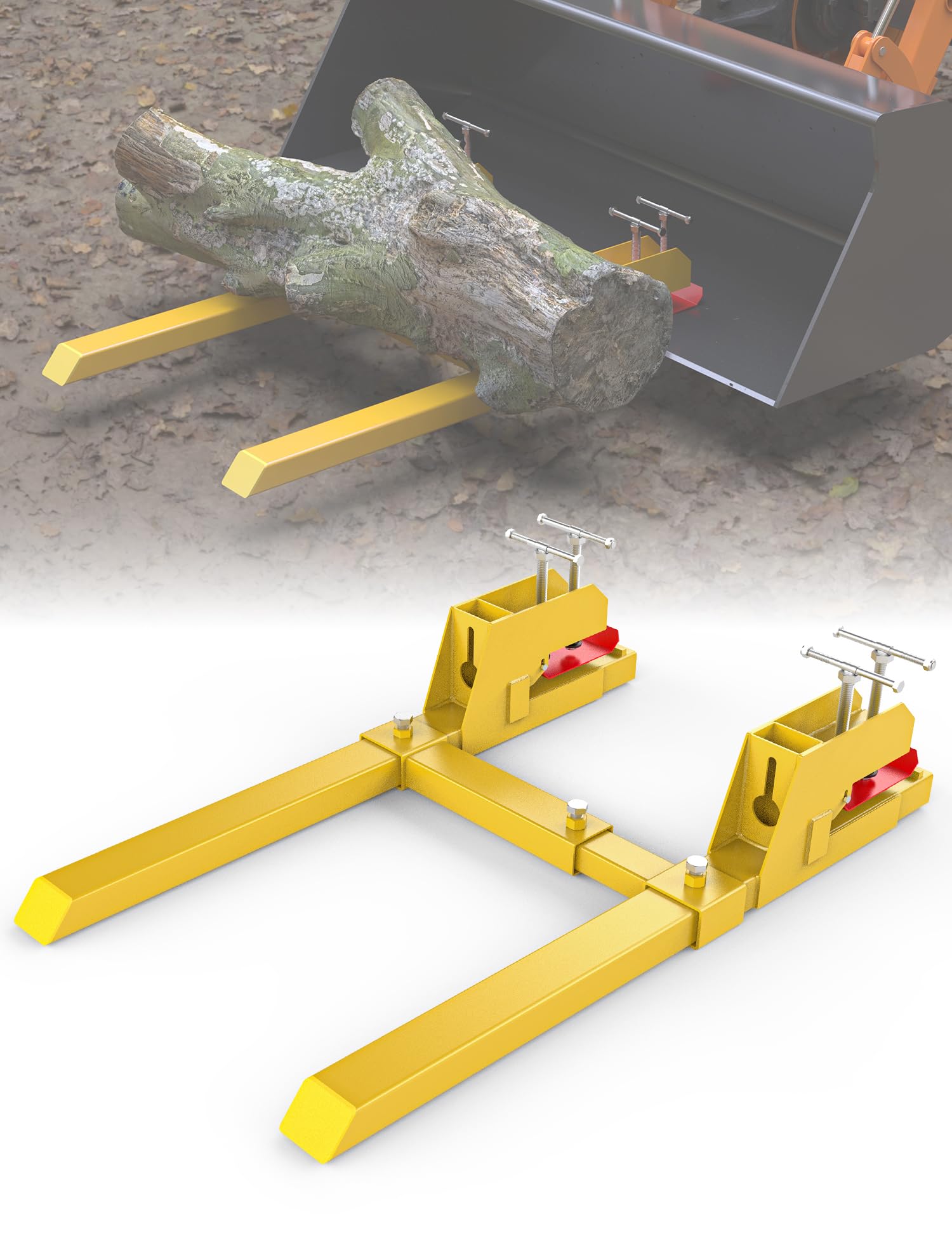 43" Clamp on Pallet Forks with Anti-Slip Tongue 2000LBS Yellow, Twin Screw Design, Adjustable Stabilizer Bar, Heavy Duty Pallet Forks for Tractor Bucket Loader