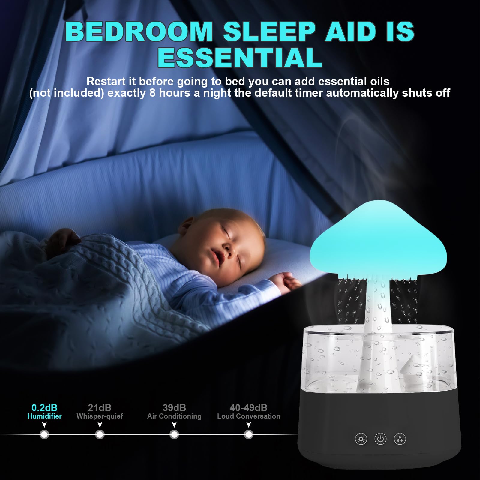 Cloud Rain Humidifier for Bedroom Water Drip Diffuser, Mushroom Diffuser, 450ml Cloud Humidifier Rain Drop,Cloud Diffuser with 7 Colors, Rain Sounds for Sleeping (08 Black)