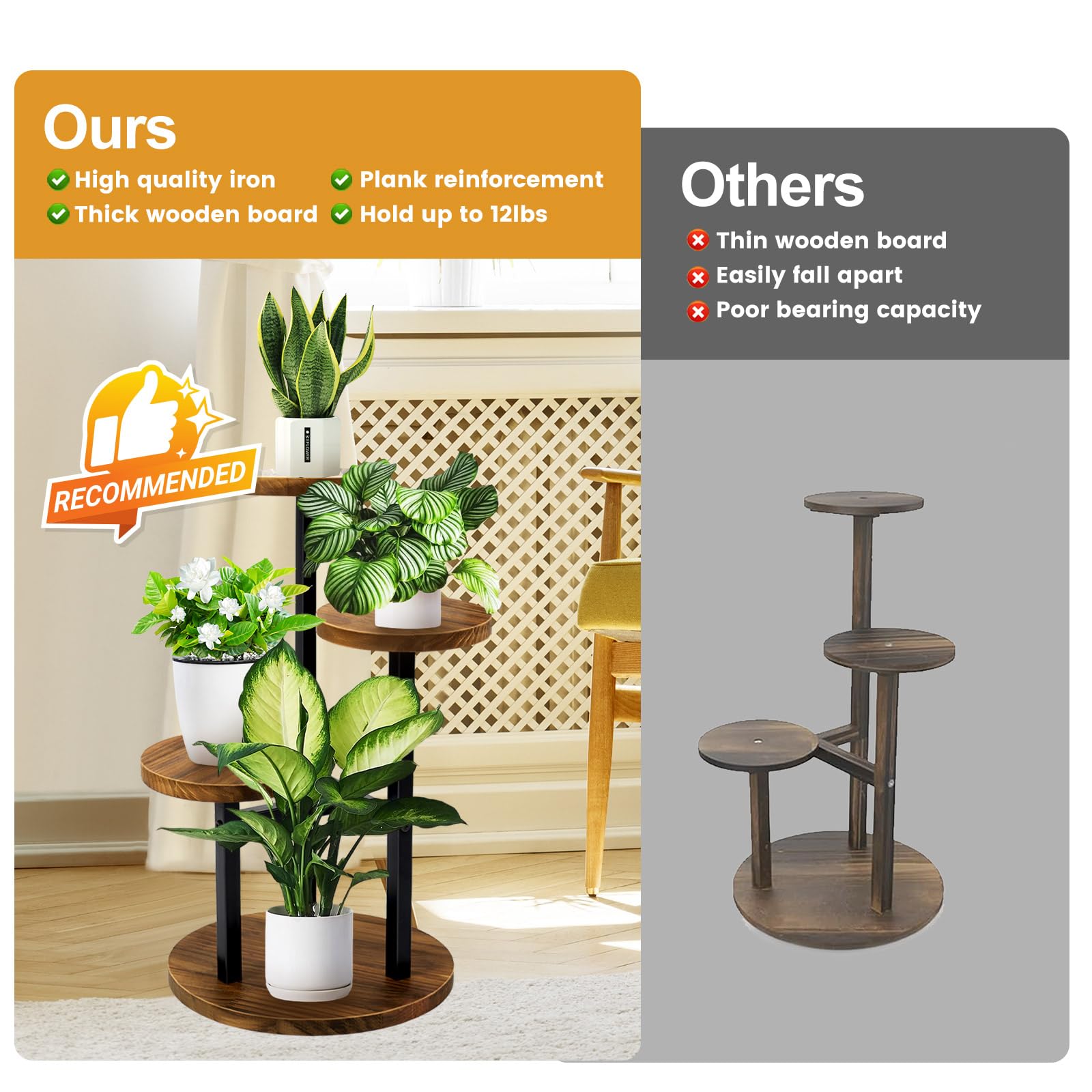 GEEBOBO 3 Tier Plant Stand Indoor, Metal Wood Plant Stands For Indoor Plants Multiple, Corner Tiered Flower Plants Shelf Stand for Living Room Bedroom, Brown