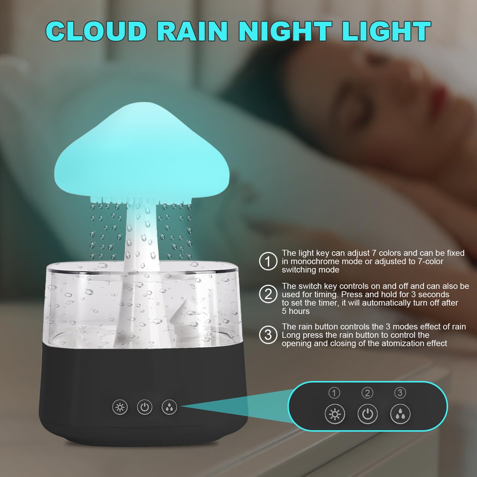 Cloud Rain Humidifier for Bedroom Water Drip Diffuser, Mushroom Diffuser, 450ml Cloud Humidifier Rain Drop,Cloud Diffuser with 7 Colors, Rain Sounds for Sleeping (08 Black)