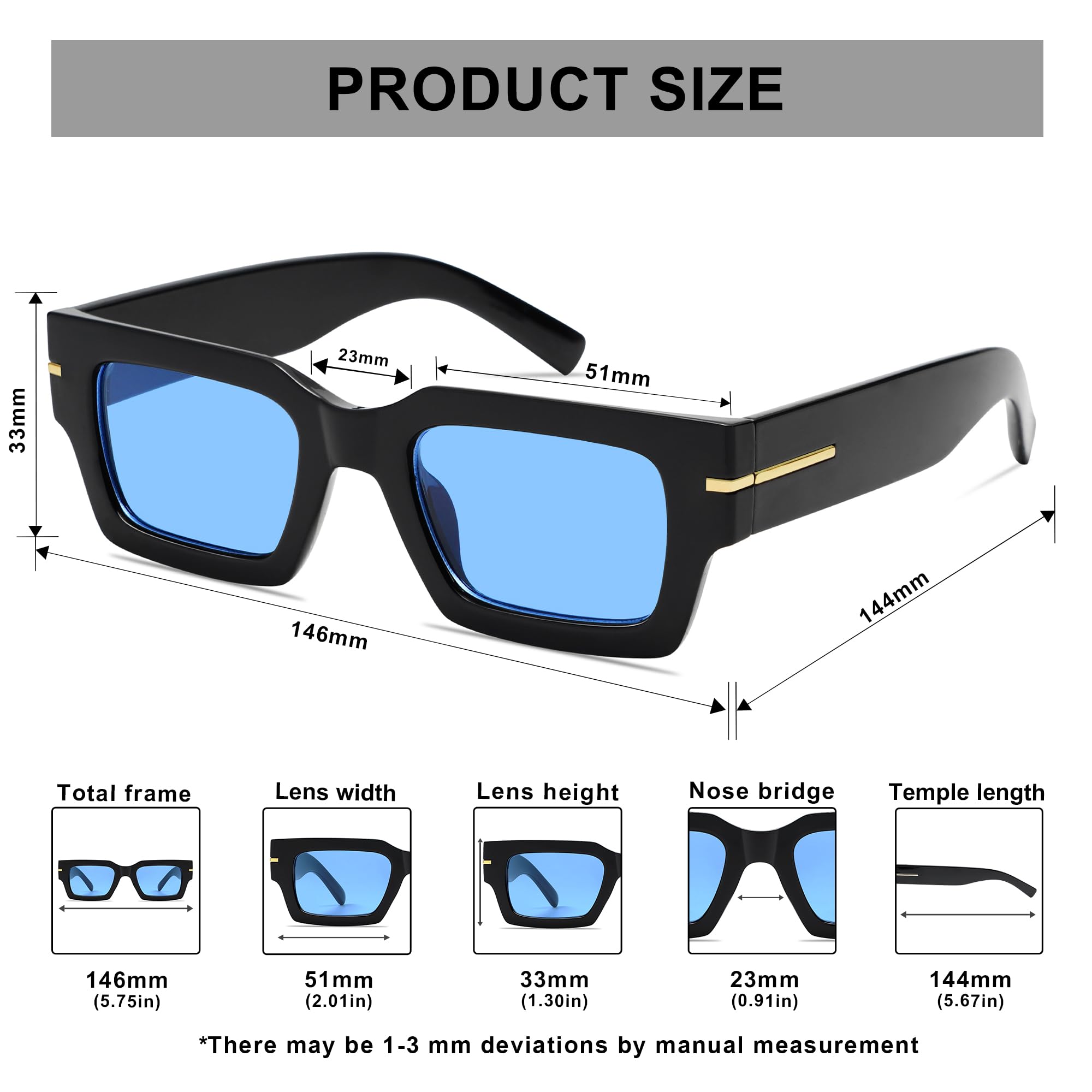 VANLINKER Retro Square Sunglasses for Women Men Trendy Chunky Fashion Rectangle Shades UV400 Protection VL9804 Black