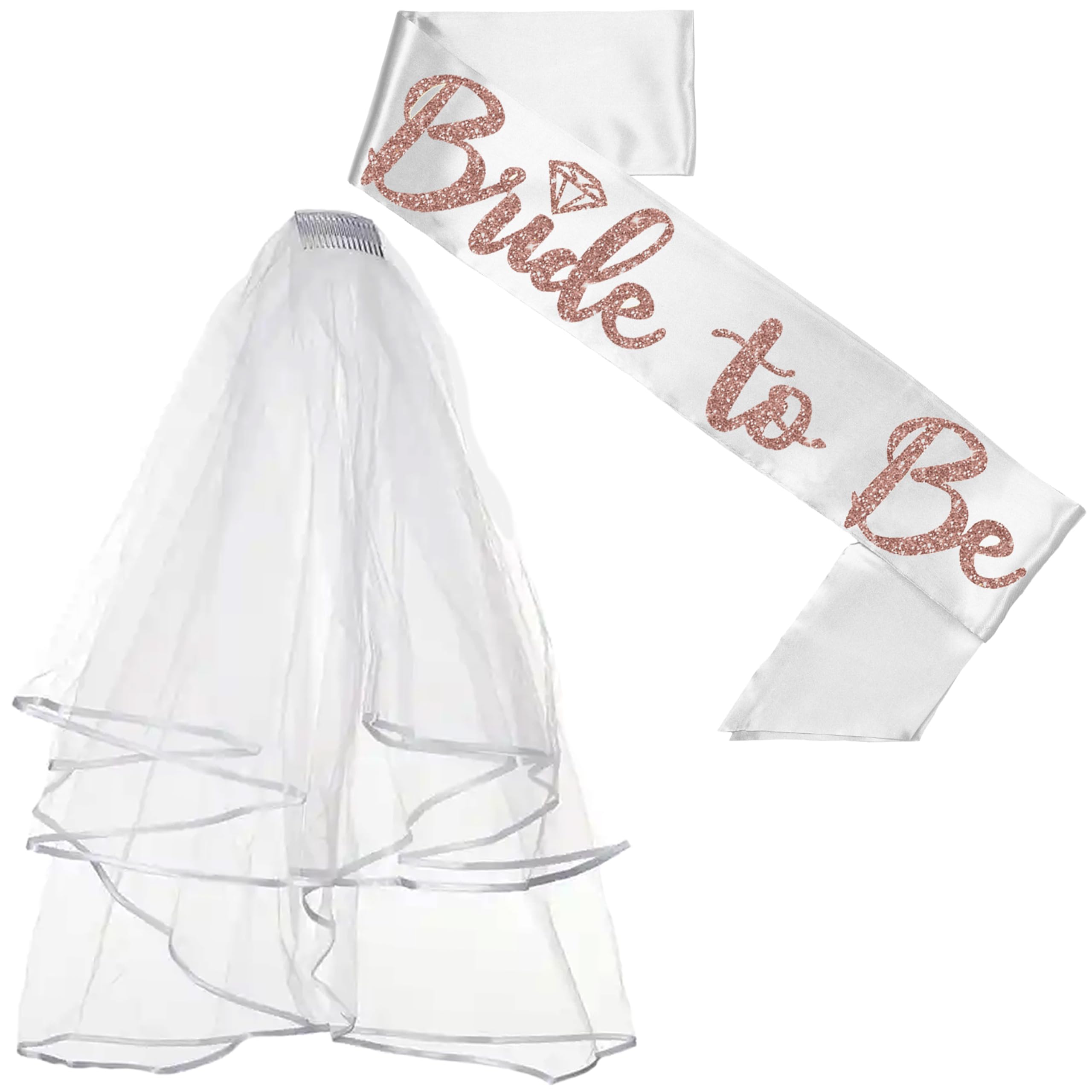 Bride Sash and Veil - SET OF 2: Rose Gold Sparkle Diamond Bride to Be PREMIUM BRIDAL GRADE White Satin Sash & White Veil - Bridal Shower Veil and Sash - Veil Set(RG DiB2B) Wht