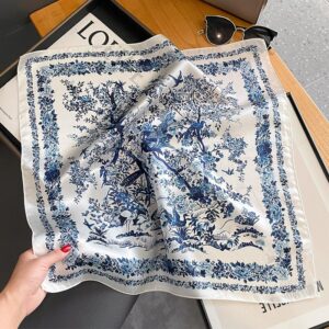 FEIBOON Mulberry Silk Scarfs Neck Scarf 21"x21" Small Square Scarfs hair scarf bandana for Women Gift Packed (White and blue flowers)