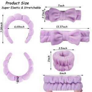 YANGYICHEN Spa Headbands and Wristbands Set, 6 Pack Face Washing Headband with Bow - Purple, Skincare Headbands for Women and Girls