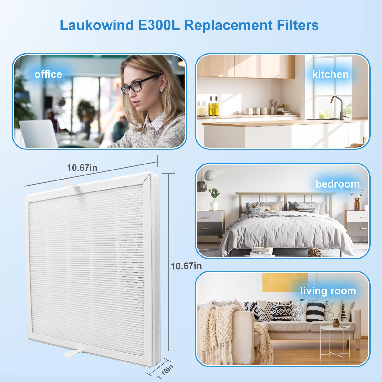 Laukowind 4 Pack E-300L Replacement Filter Compatible with MOOKA and MOOKA FAMILY E-300L,3-in-1 Filter Replacement For Filter Pet Dander,Replacement Filter For Bedroom And Office