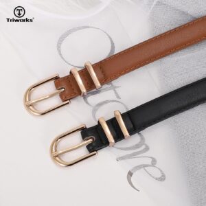 TRIWORKS 2 Pack Women Skinny Leather Belts for Jeans Pants Thin Faux Leather Belt with Gold Buckle