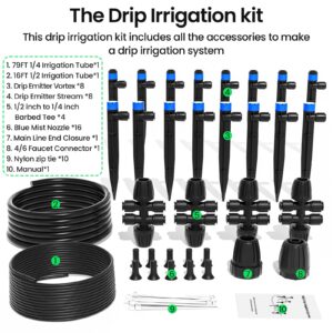 MIXC Drip Irrigation System, 95FT Quick Efficient Connector Garden Irrigation System Plants Watering System For Lawn Patio Raised Bed Automatic Irrigation Equipment With 1/2''&1/4"Tubing,Drip Emitters