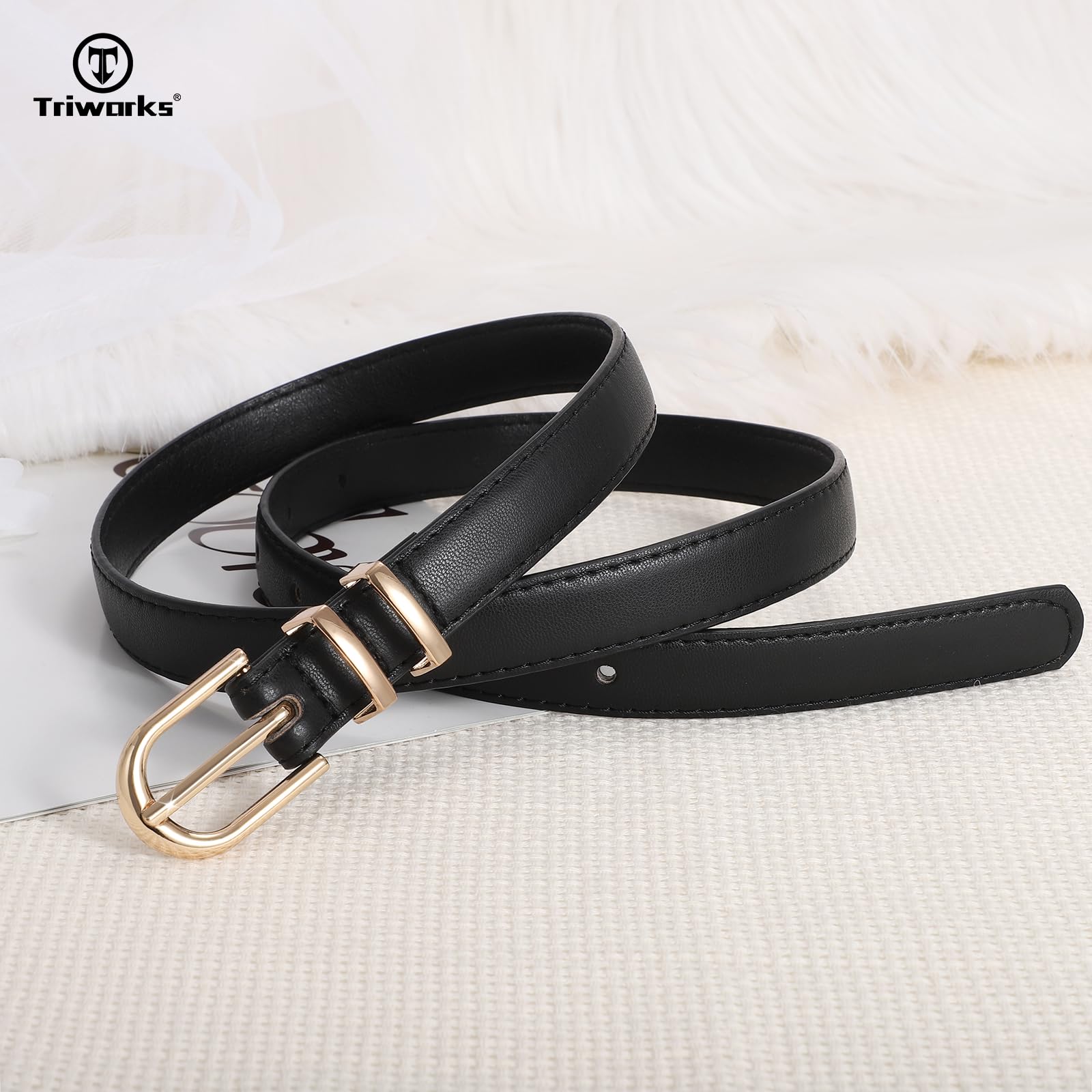 TRIWORKS 2 Pack Women Skinny Leather Belts for Jeans Pants Thin Faux Leather Belt with Gold Buckle