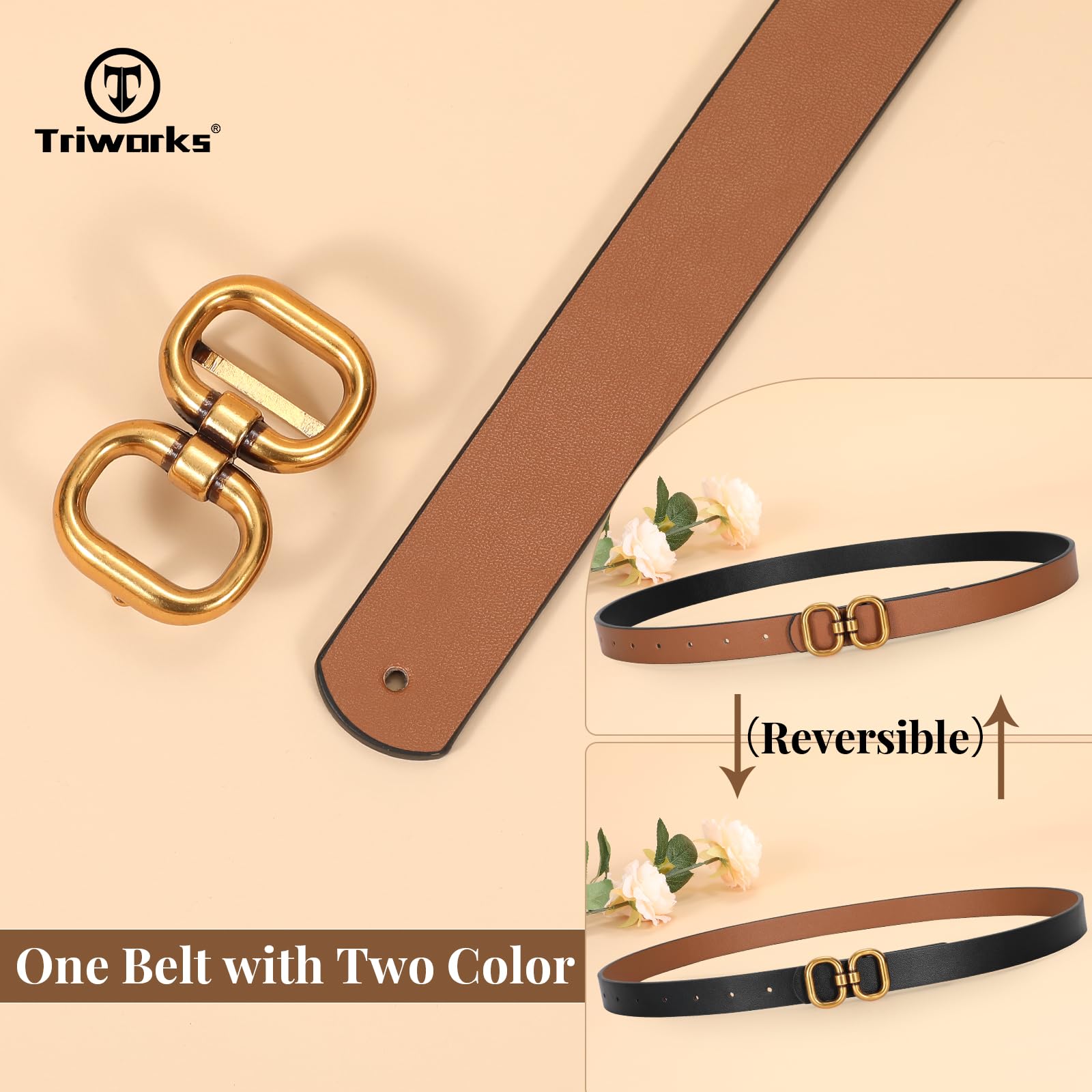 TRIWORKS Reversible Leather Belt for Women with Gold Buckle Ladies Leather Belt for Jeans Pants