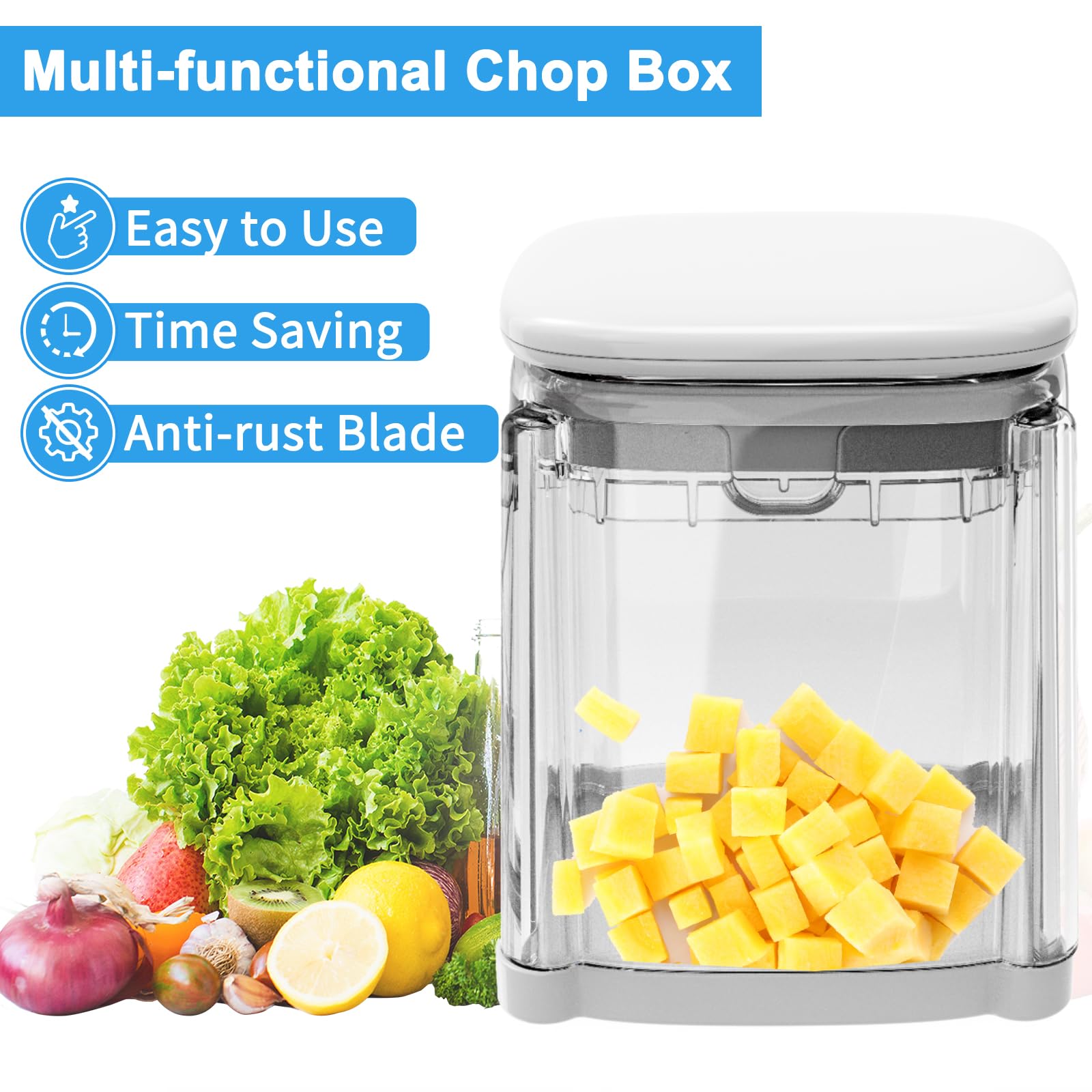 French Fry Cutter 4-in-1 Food Dicer Chop Box, Potato Cutter for Fries Potato French Fry Onion Cutter Food Chopper Manual Hand Vegetable Cutter Dicer Apple Slicer, 4 Blades