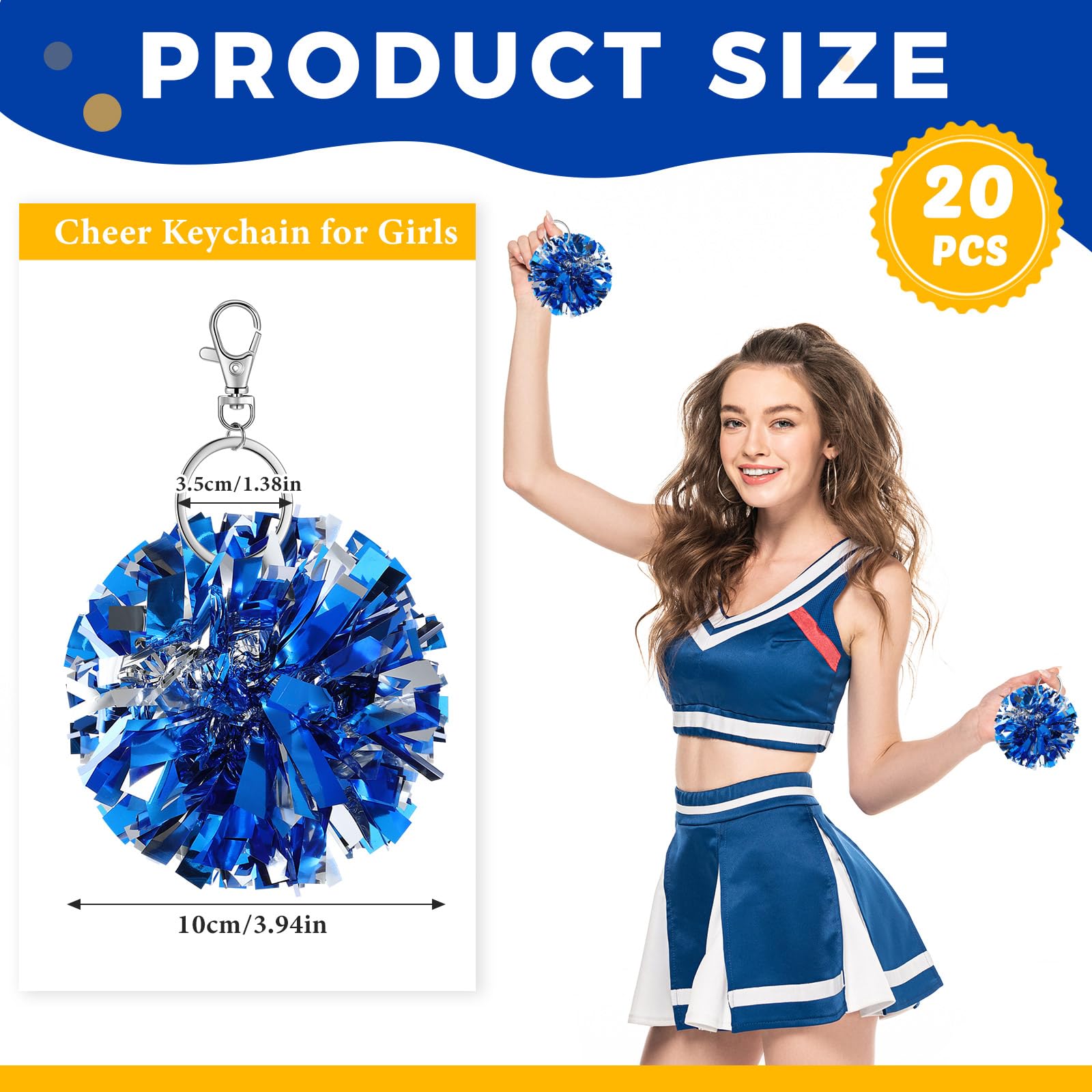 Remuuly 20 Pcs Cheer Pom Pom Keychain Cheerleader Gifts Cheerleading Keyring Charm Foil with Keychain Hooks for Women Accessories (Blue Silver)